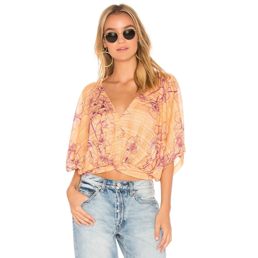 Free People One Dance Dolman Sleeve Top M Coral Floral Twist Front OB615271